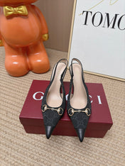 GUCCI 26S SLINGBACK HEELS 105 MM IN BLACK CANVAS MIX LAMBSKIN