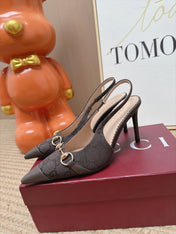 GUCCI 26S SLINGBACK HEELS 105 MM IN DARK BROWN CANVAS MIX LAMBSKIN