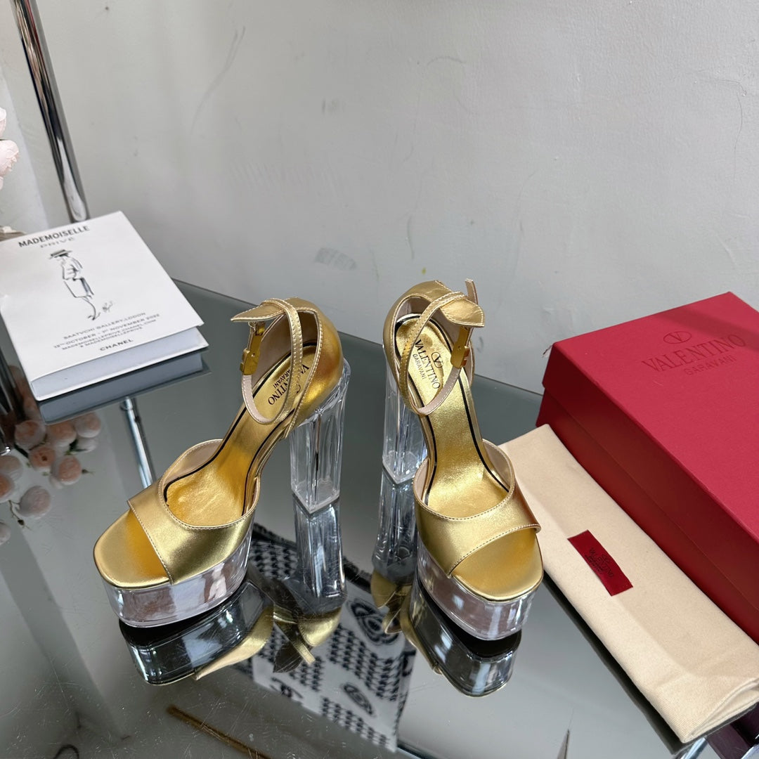 HIGH SANDAL 14CM IN GOLD CALFSKIN AND TRANSPARENT PVC