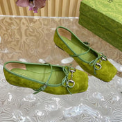 BALLET FLAT IN OLIVE GREEN SUEDE WITH SILVER HARDWARE