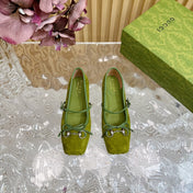 BALLET FLAT IN OLIVE GREEN SUEDE WITH SILVER HARDWARE