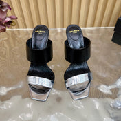 BALMAIN 25S MULES IN STRIPED LEATHER 95MM IN BLACK AND SILVER CALFSKIN