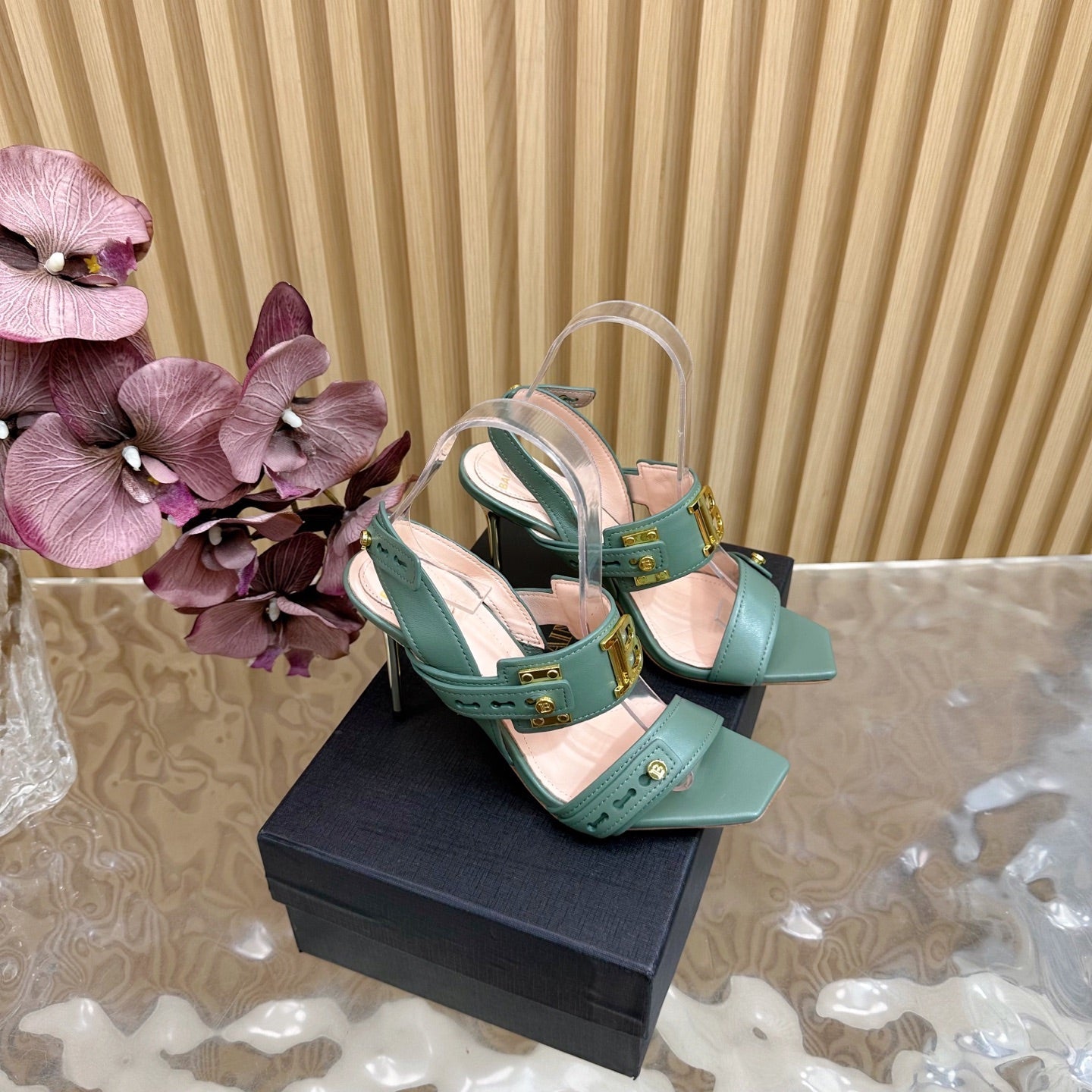 BALMAIN 25S RHINESTONE STILETTO SANDALS 95MM IN DUSTY GREEN CALFSKIN