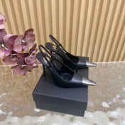 YSL 25S HIGH-HEEL SLINGBACKS 105 MM IN BLACK LAMBSKIN AND SILVER HARDWARE