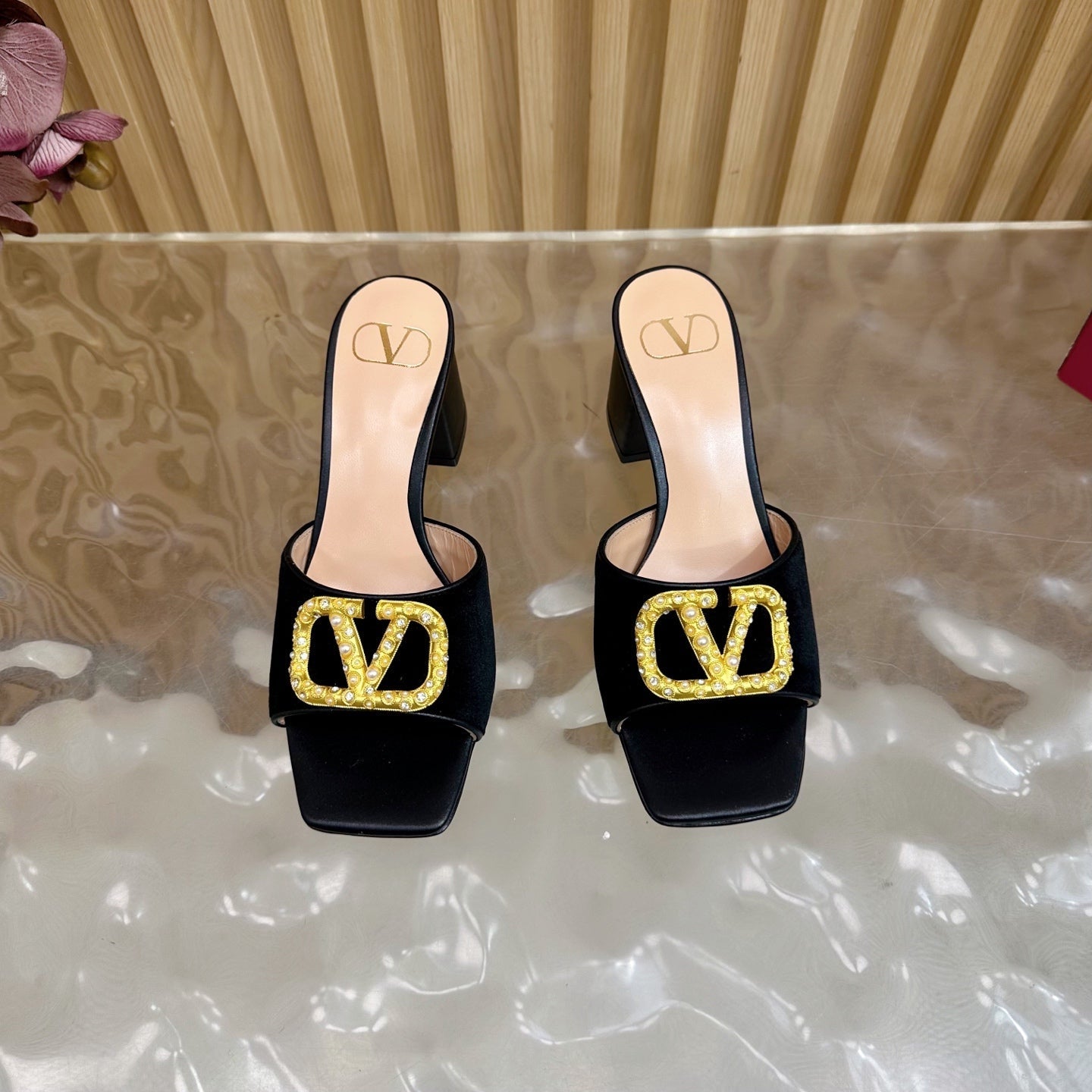 VALENTINO 25S HIGH-HEEL MULES 60 MM IN BLACK VELVET AND CALFSKIN WITH GOLD HARDWARE