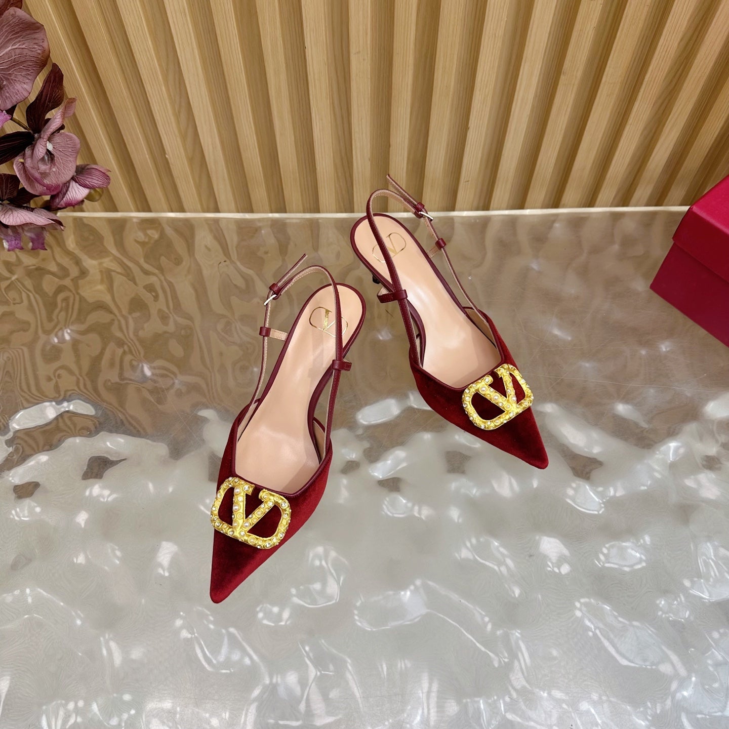 VALENTINO 25S HIGH-HEEL SLINGBACKS IN DARK RED VELVET WITH GOLD HARDWARE