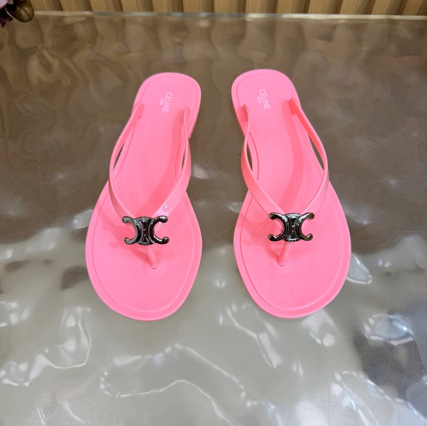 CELINE 26S TRIOMPHE THONG SANDALS IN PINK TPU SILVER HARDWARE