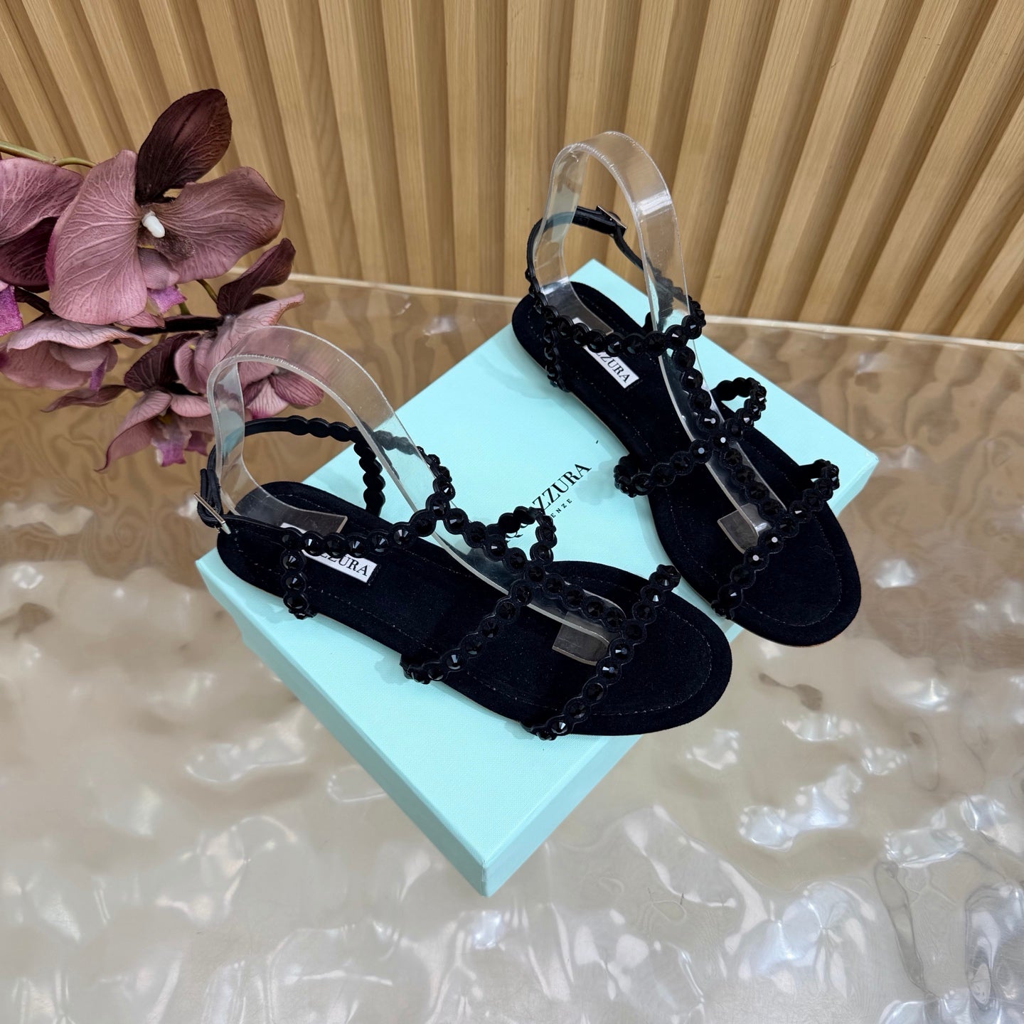 AQUAZZURA 26S FLAT SANDALS IN BLACK SUEDE CRYSTAL EMBELLISHED