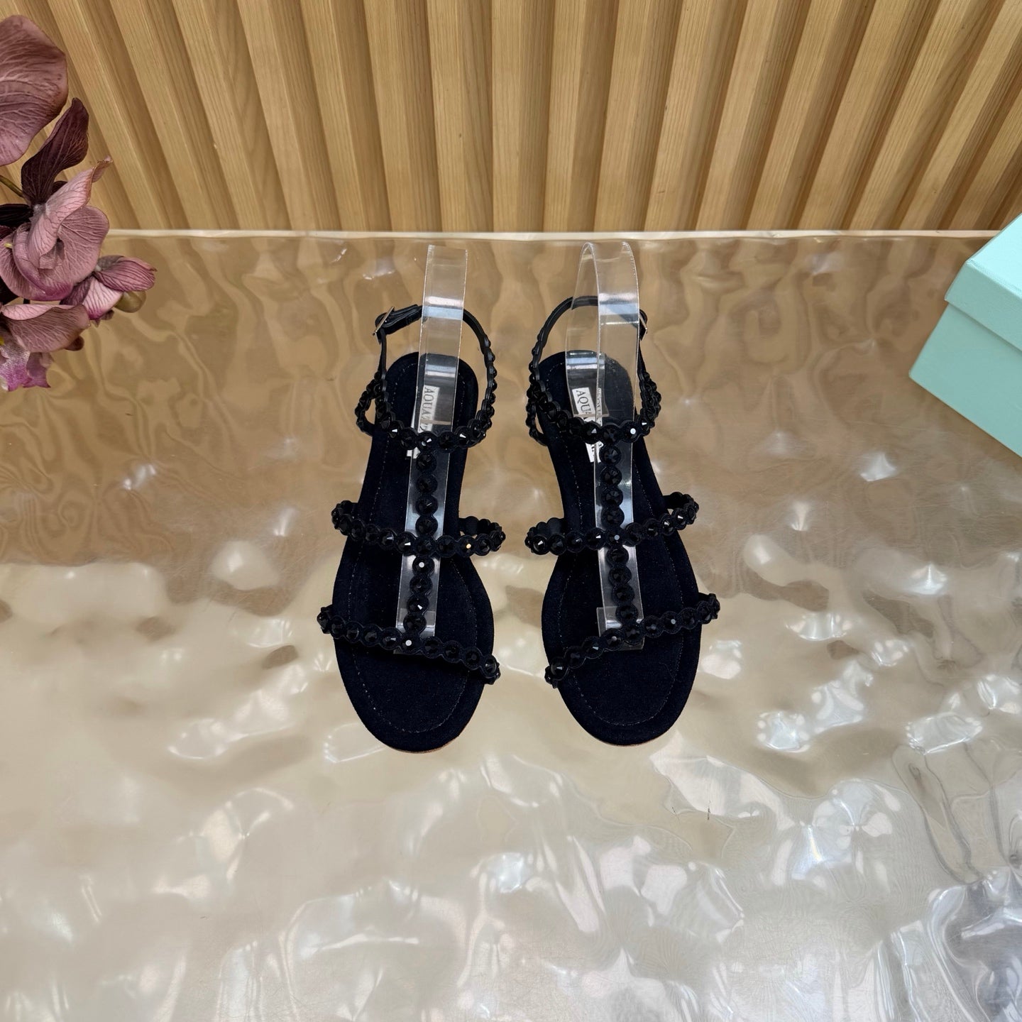 AQUAZZURA 26S FLAT SANDALS IN BLACK SUEDE CRYSTAL EMBELLISHED
