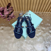 AQUAZZURA 26S FLAT SANDALS IN NAVY BLUE SUEDE CRYSTAL EMBELLISHED
