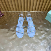 AQUAZZURA 26S FLAT SANDALS IN LIGHT BLUE CALFKSIN CRYSTAL EMBELLISHED