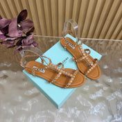 AQUAZZURA 26S FLAT SANDALS IN LIGHT BROWN CALFKSIN CRYSTAL EMBELLISHED