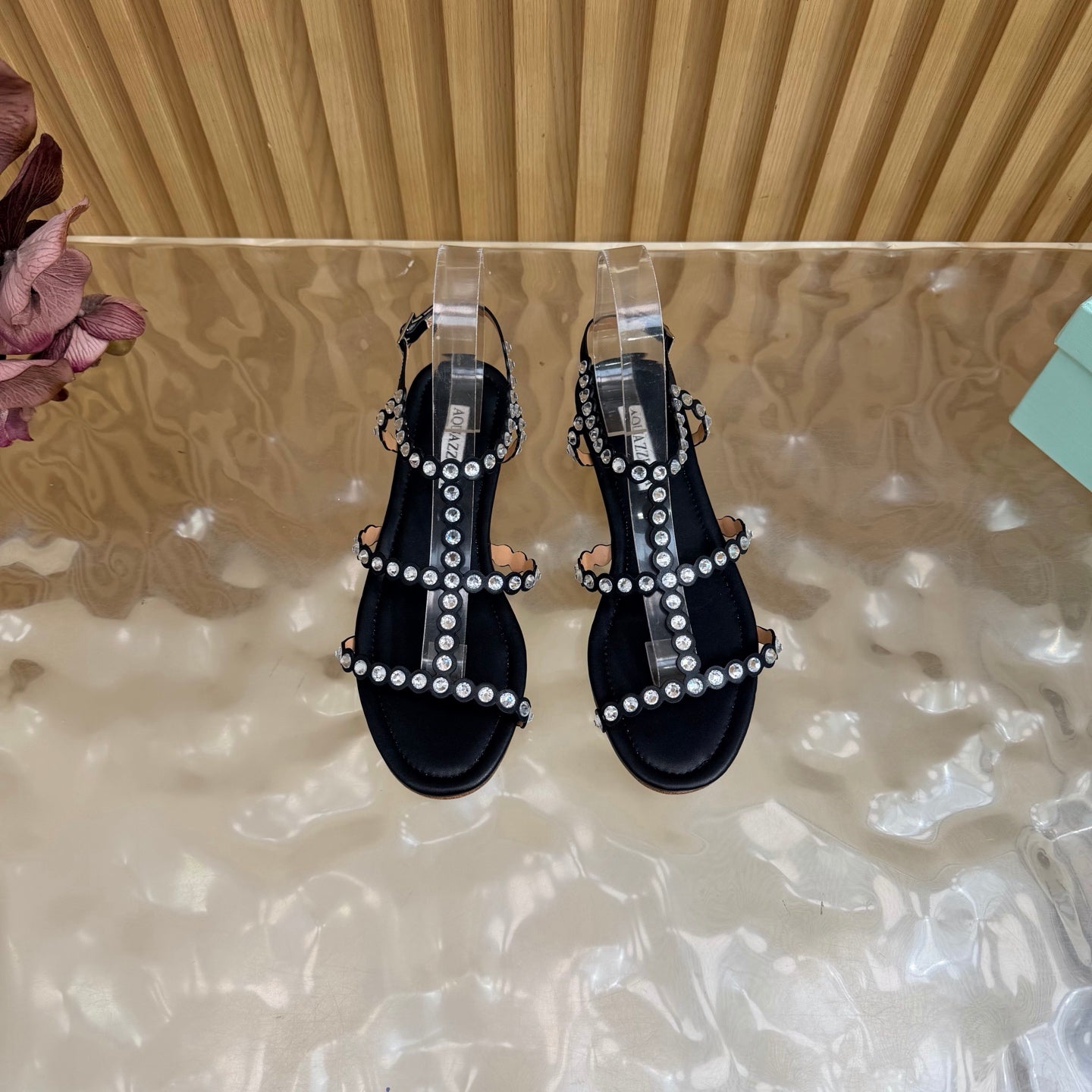 AQUAZZURA 26S FLAT SANDALS IN BLACK CALFKSIN CRYSTAL EMBELLISHED