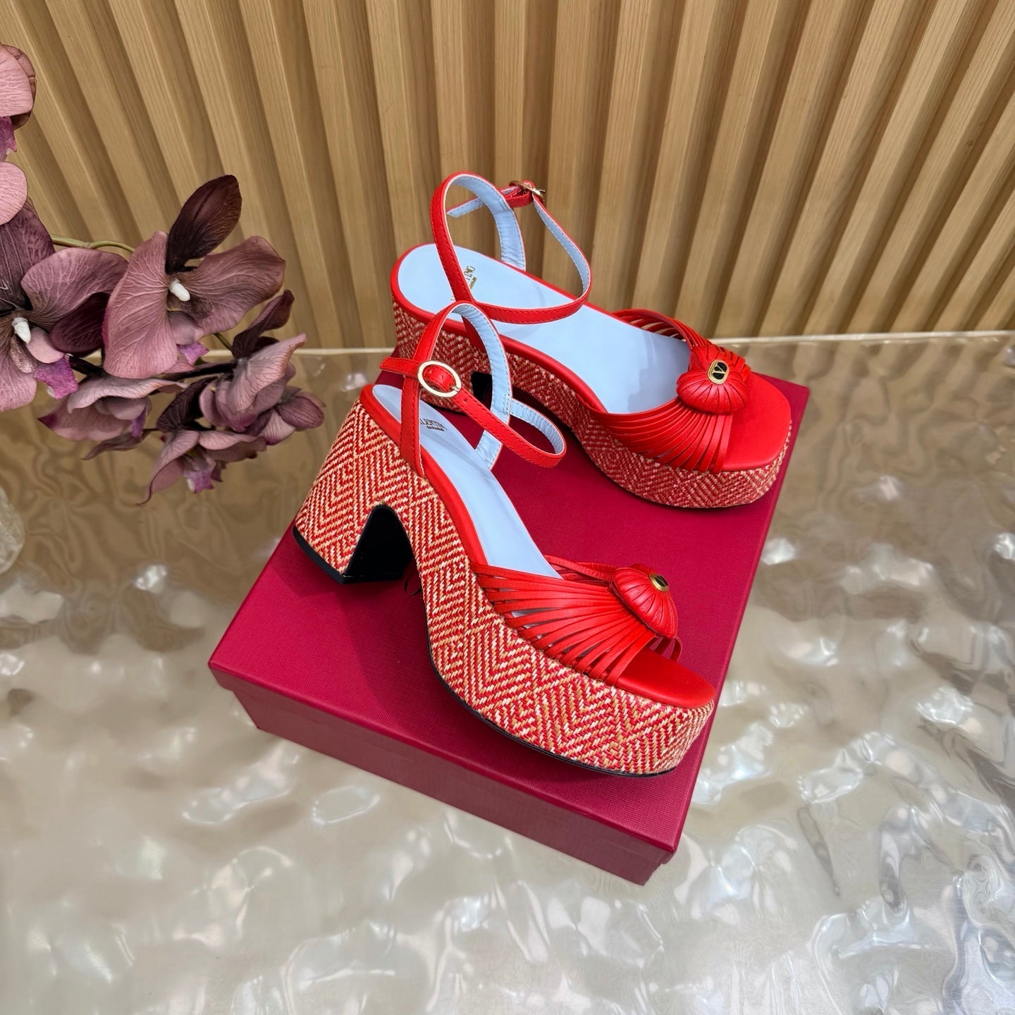VALENTINO 26S PLATFORM SANDALS 90 MM IN RED CALFSKIN WOVEN FABRIC