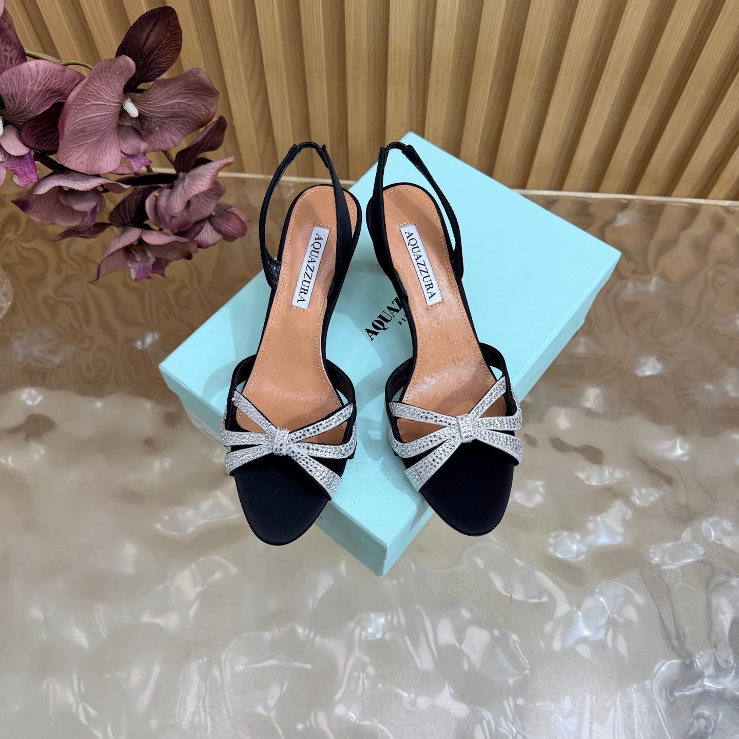 AQUAZZURA 26S HEELED SANDALS 75 MM IN BLACK AND SILVER SATIN