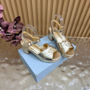 PRADA 26S BLOCK HEEL SANDALS 75 MM IN LIGHT GOLD CALFSKIN 