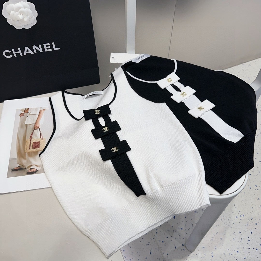 TANK TOP 610341 IN WHITE COTTON RIBBED BLACK BOW