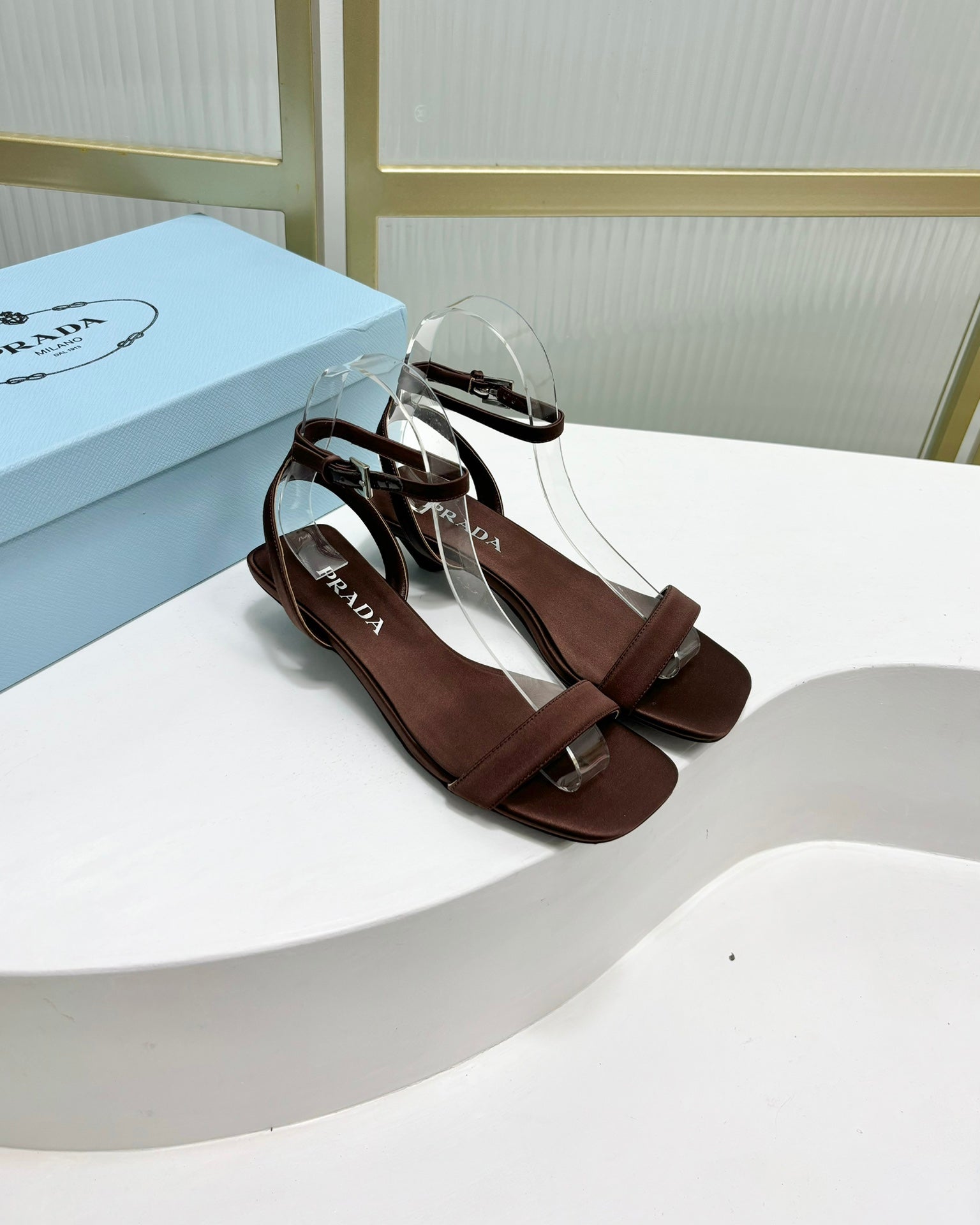 PRA TRIANGLE HEEL SATIN SANDALS BROWN