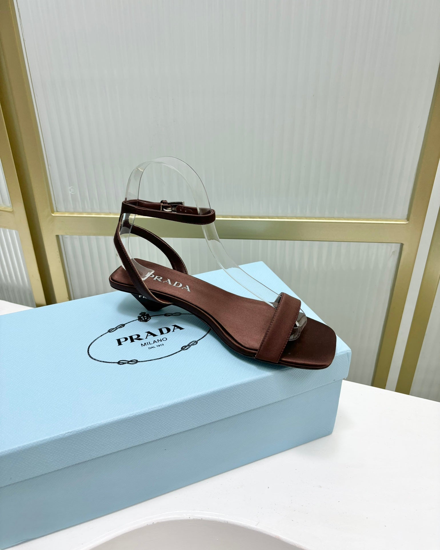 PRA TRIANGLE HEEL SATIN SANDALS BROWN