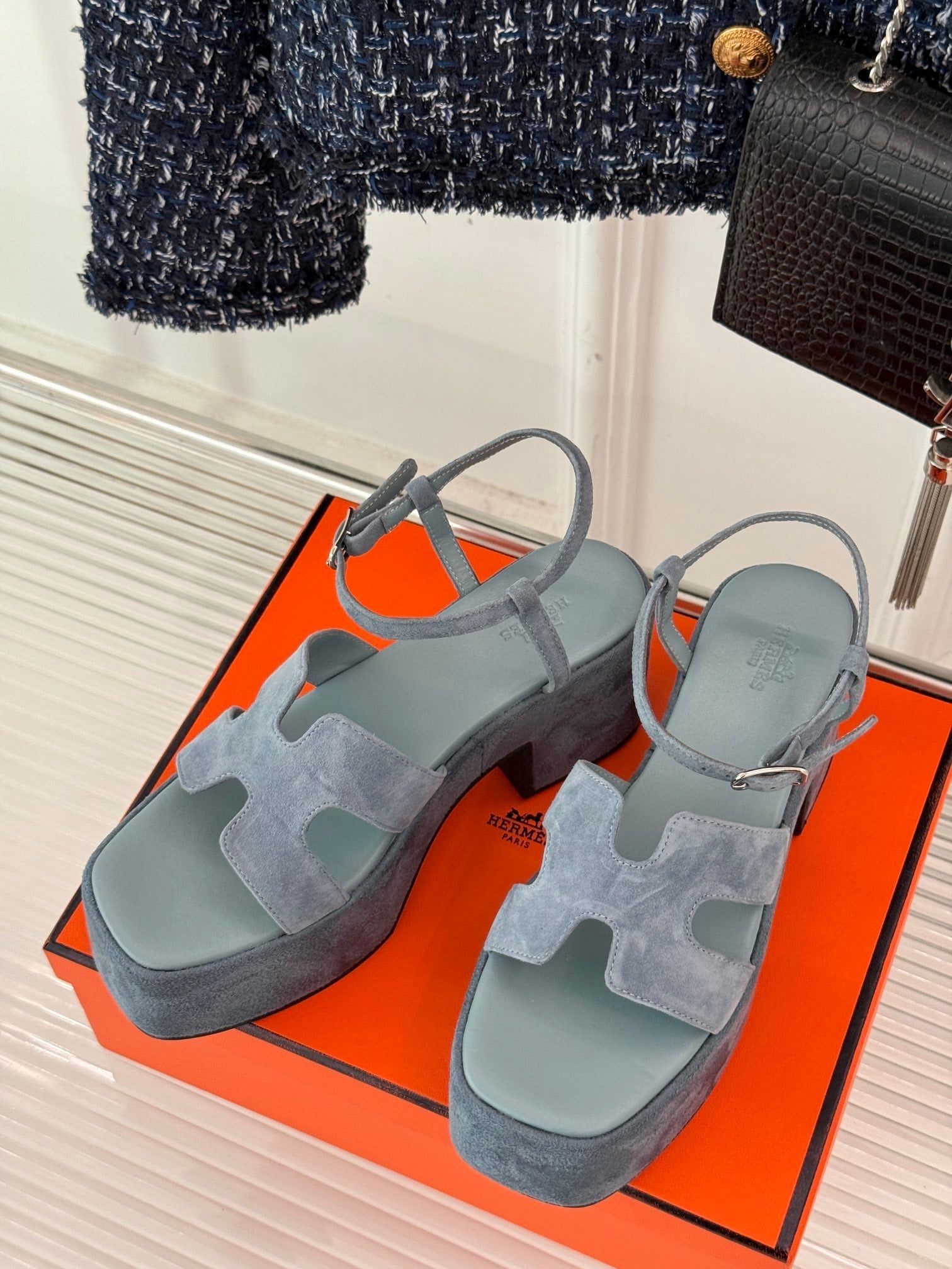 HM 25S JAM 30 HIGH-HEEL SANDAL IN STEEL BLUE GRAY SUEDE