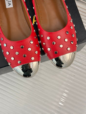 STUD-EMBELLISHED BALLET FLATS IN CHERRY RED CALFSKIN