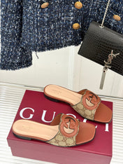 SLIDE SANDALS IN BURNT BROWN AND LIGHT BEIGE CALFSKIN