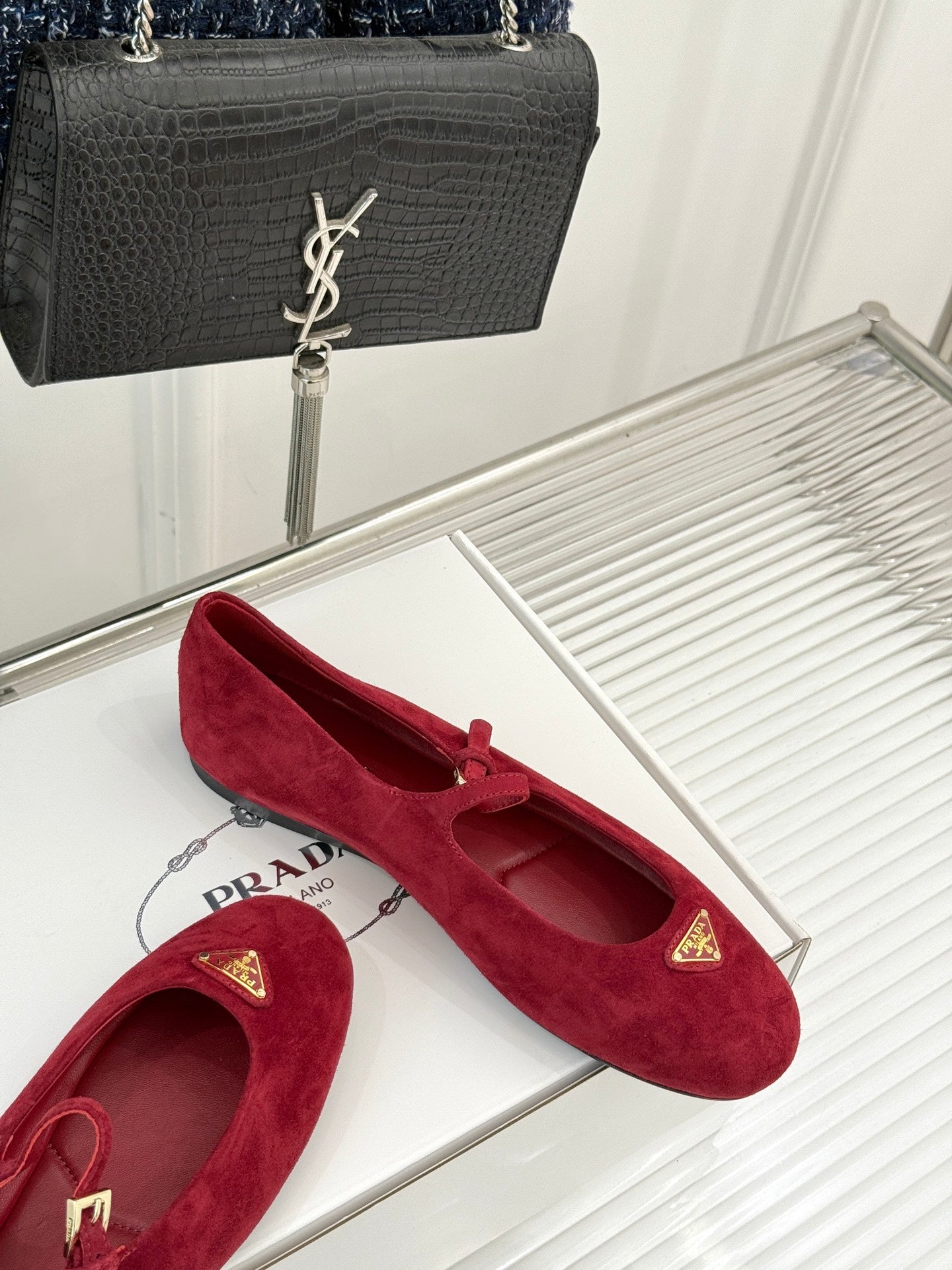 PRADA 25S SOFT PADDED BALLERINAS IN DARK RED SUEDE
