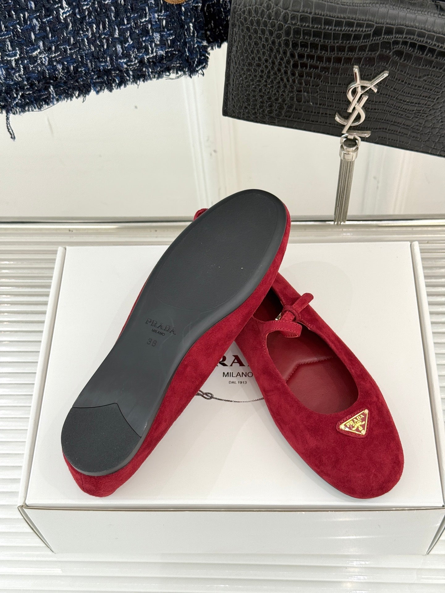 PRADA 25S SOFT PADDED BALLERINAS IN DARK RED SUEDE