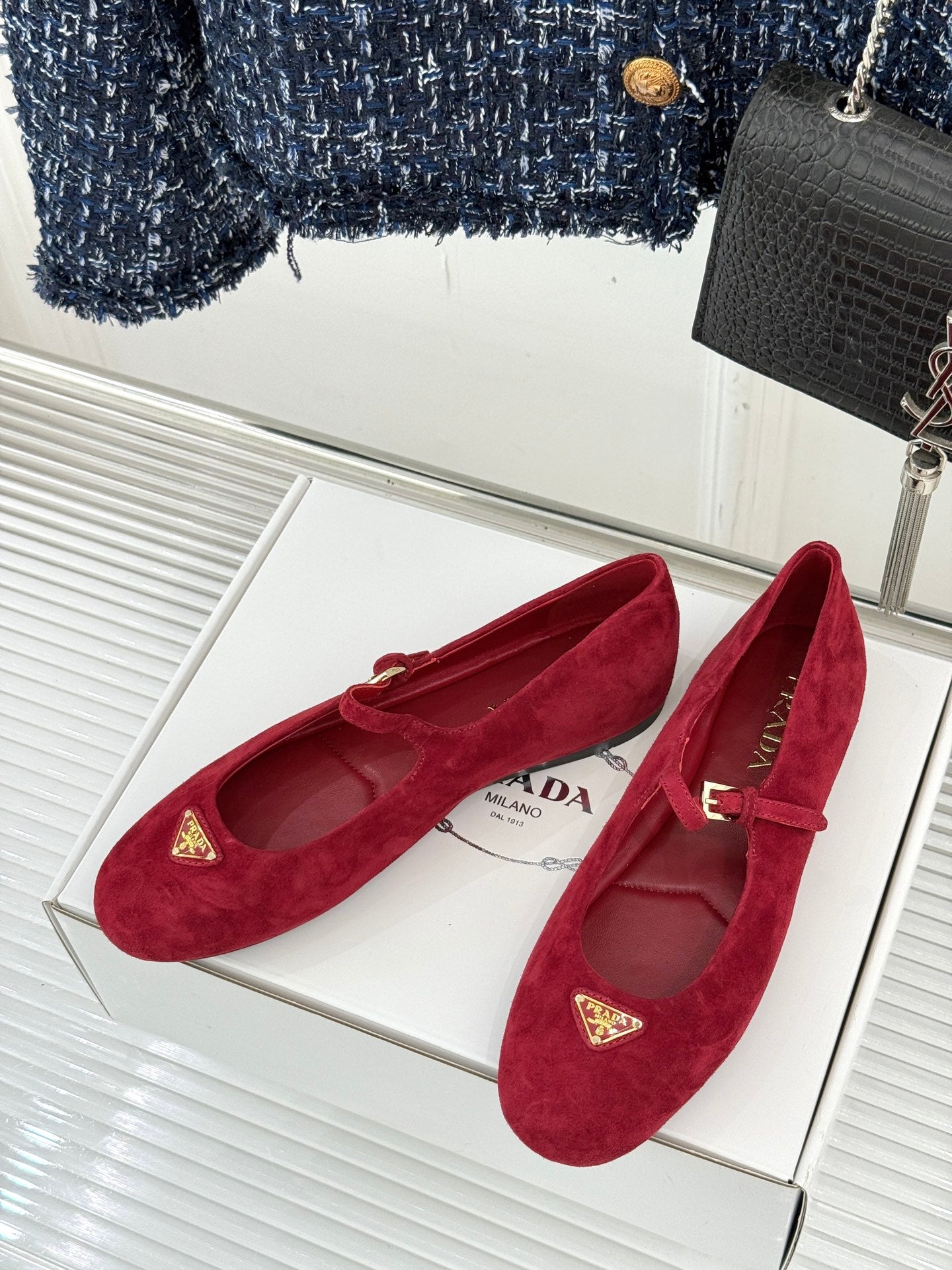 PRADA 25S SOFT PADDED BALLERINAS IN DARK RED SUEDE