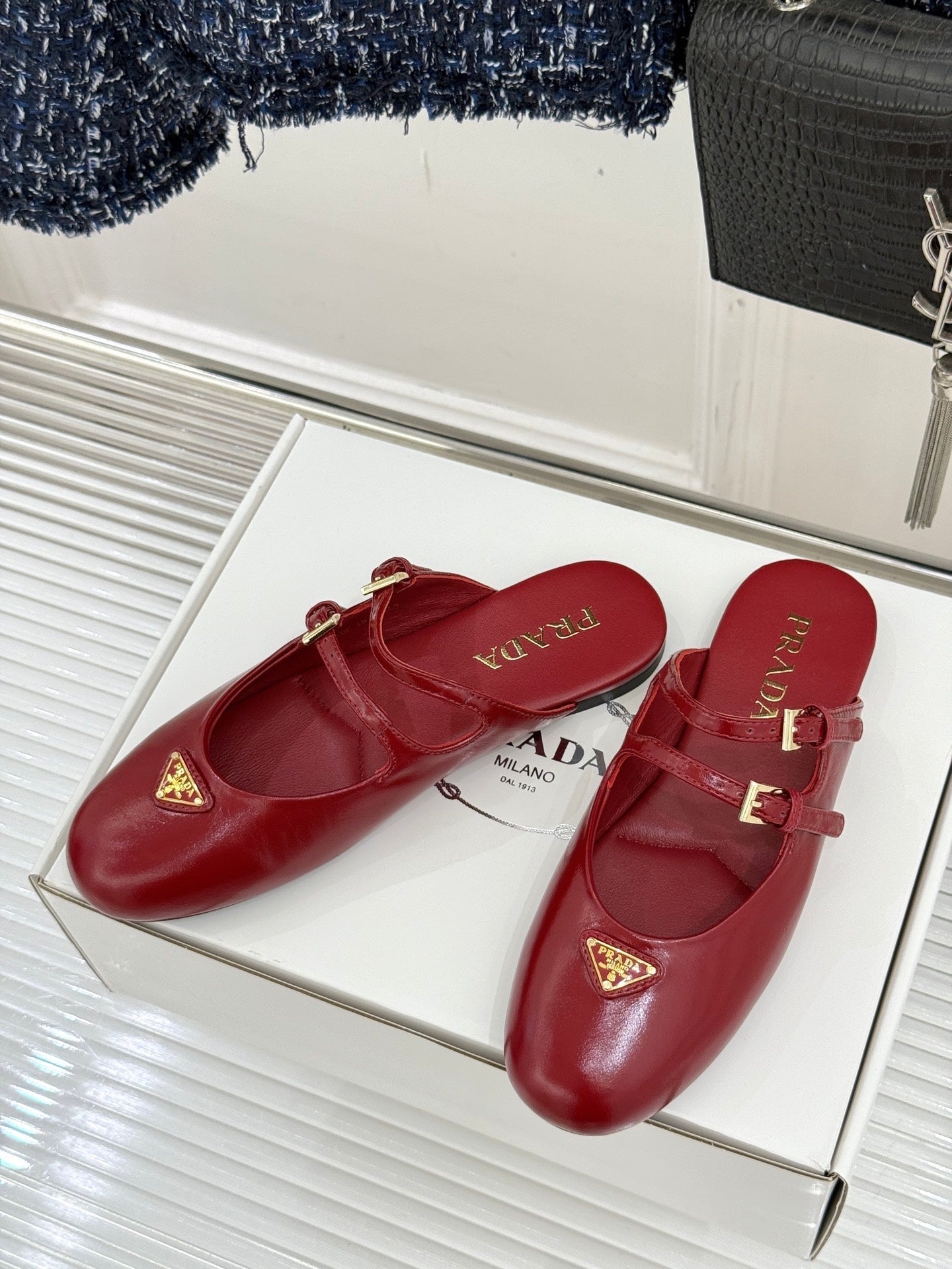 PRADA 25S DUAL MARY JANE BALLERINA MULES IN RED WINE CALFSKIN