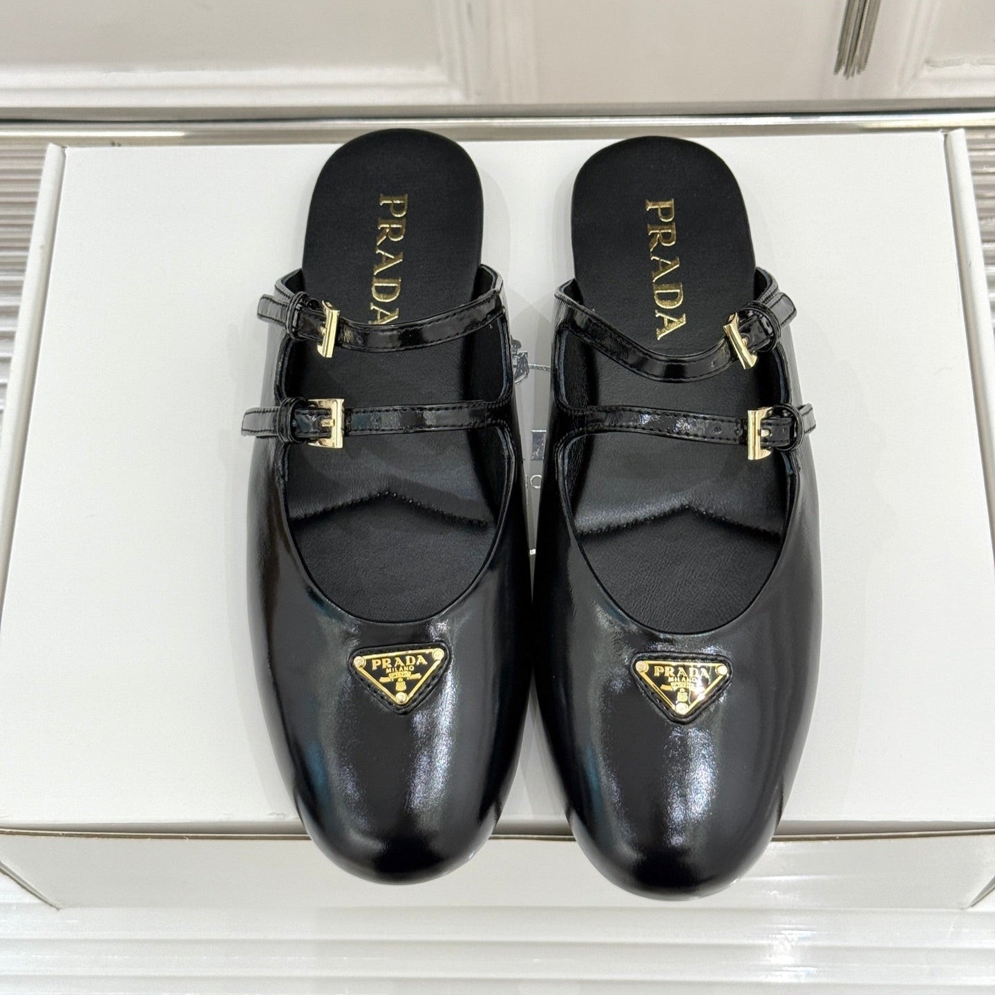 PRADA 25S DUAL MARY JANE BALLERINA MULES IN BLACK CALFSKIN