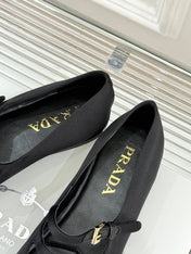 PRADA 25S DOUBLE STRAP BALLERINAS IN BLACK SATIN
