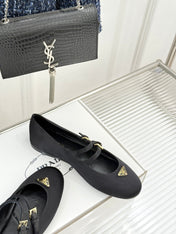 PRADA 25S DOUBLE STRAP BALLERINAS IN BLACK SATIN