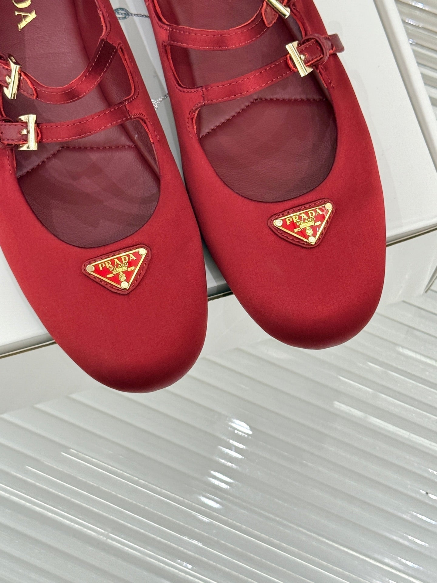 PRADA 25S DOUBLE STRAP BALLERINAS IN RED WINE SATIN