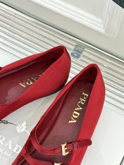 PRADA 25S DOUBLE STRAP BALLERINAS IN RED WINE SATIN