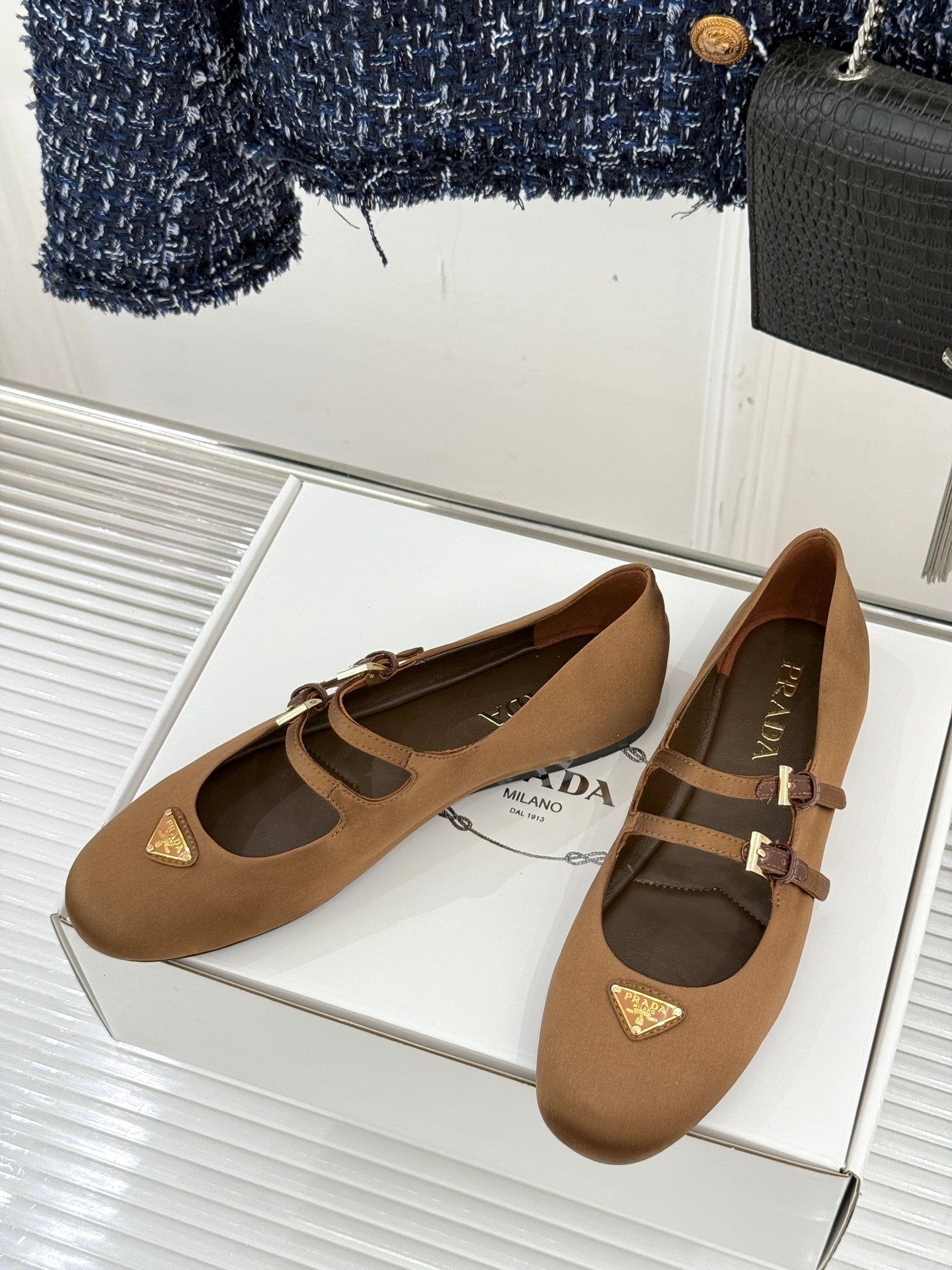 PRADA 25S DOUBLE STRAP BALLERINAS IN DARK BROWN SATIN