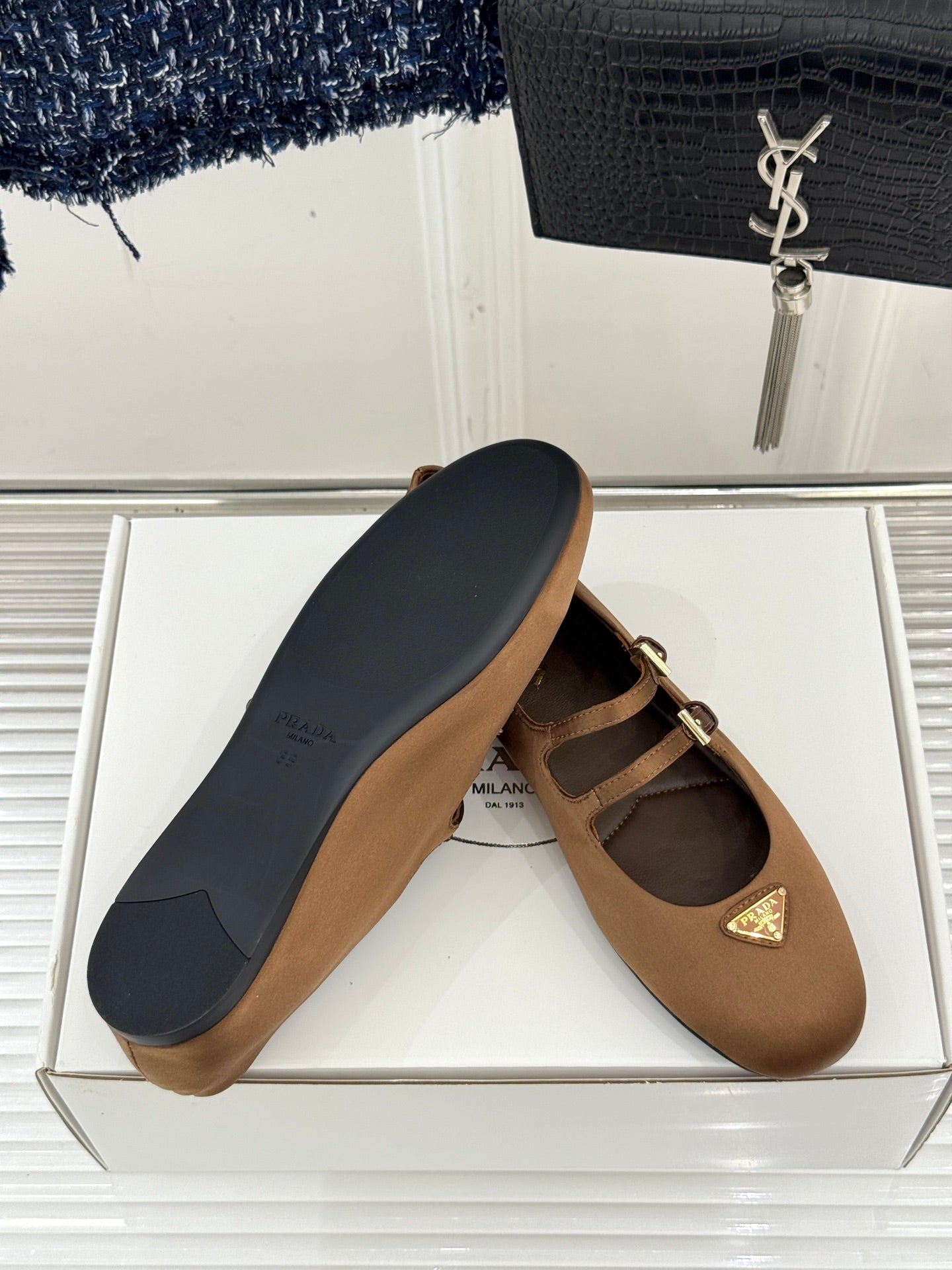 PRADA 25S DOUBLE STRAP BALLERINAS IN DARK BROWN SATIN