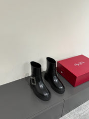 VIV' RANGERS CHELSEA ANKLE BOOTS IN BLACK CALFSKIN WITH BLACK CRYSTAL BUCKLE