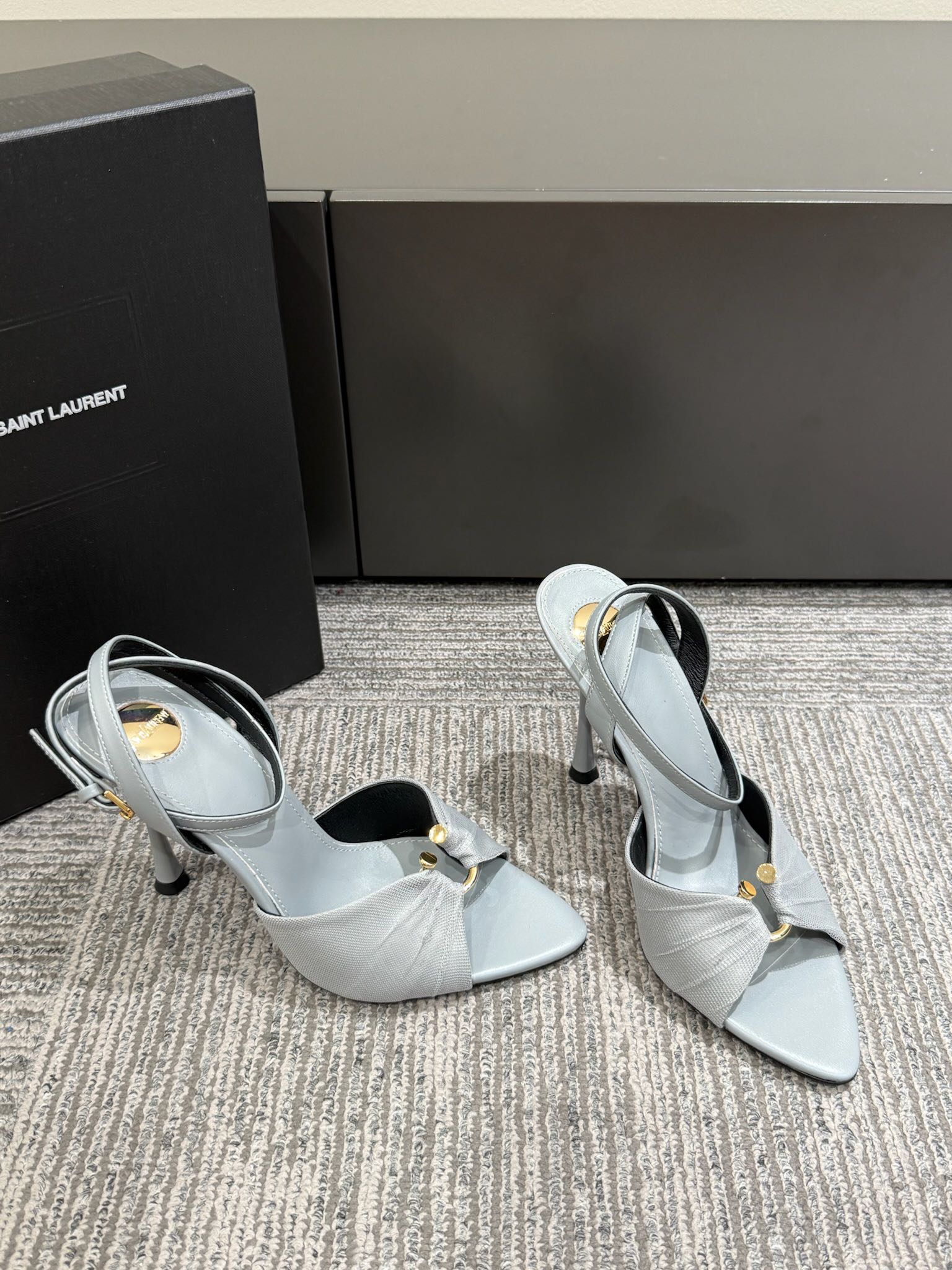 YSL HEELED SANDALS 25S 100 MM IN LIGHT SLATE BLUE LAMBSKIN