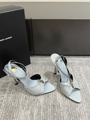 YSL HEELED SANDALS 25S 100 MM IN LIGHT SLATE BLUE LAMBSKIN