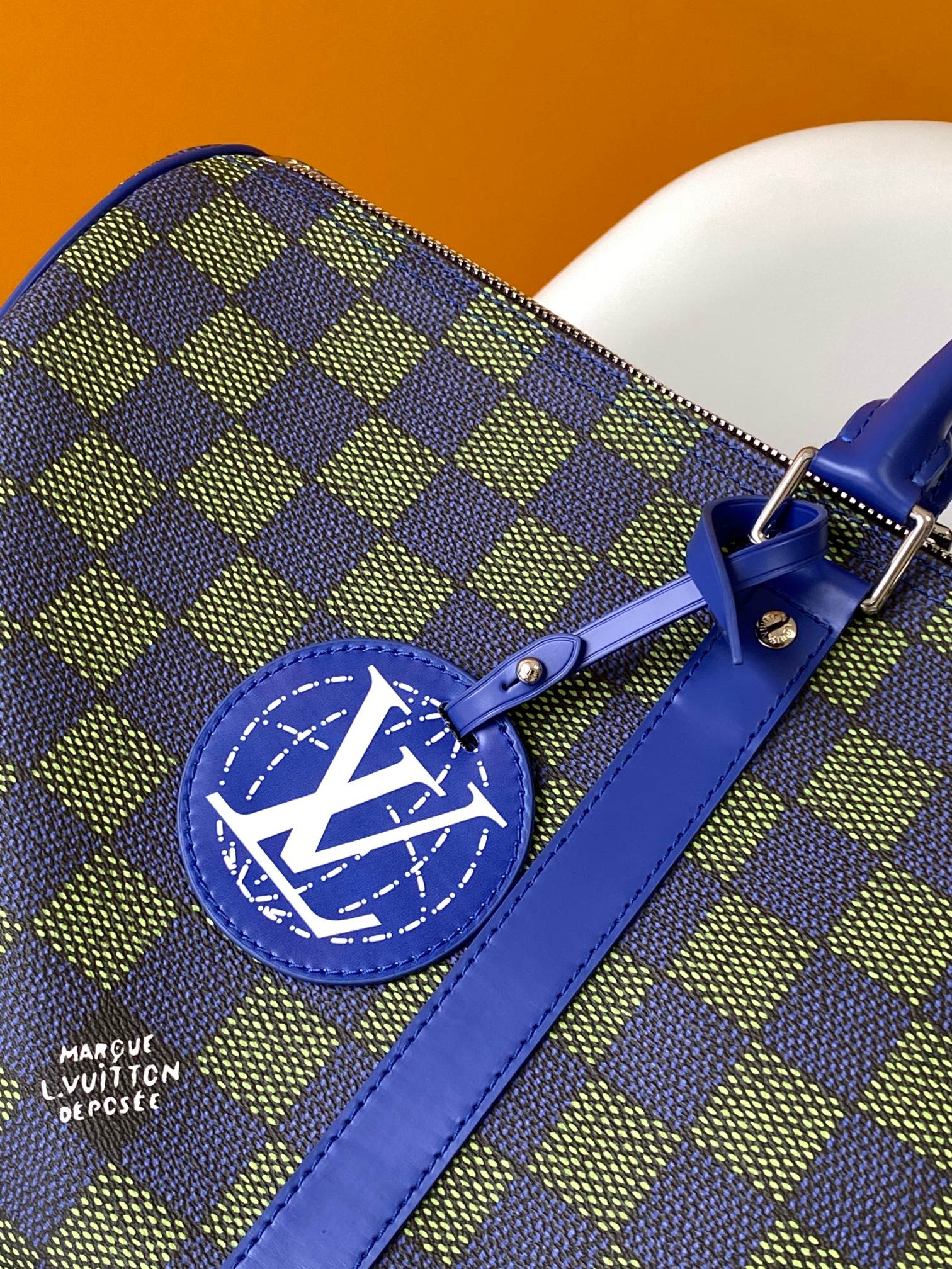 KEEPALL BANDOULIÈRE 50 IN BLUE GREEN DAMIER HERITAGE COATED CANVAS