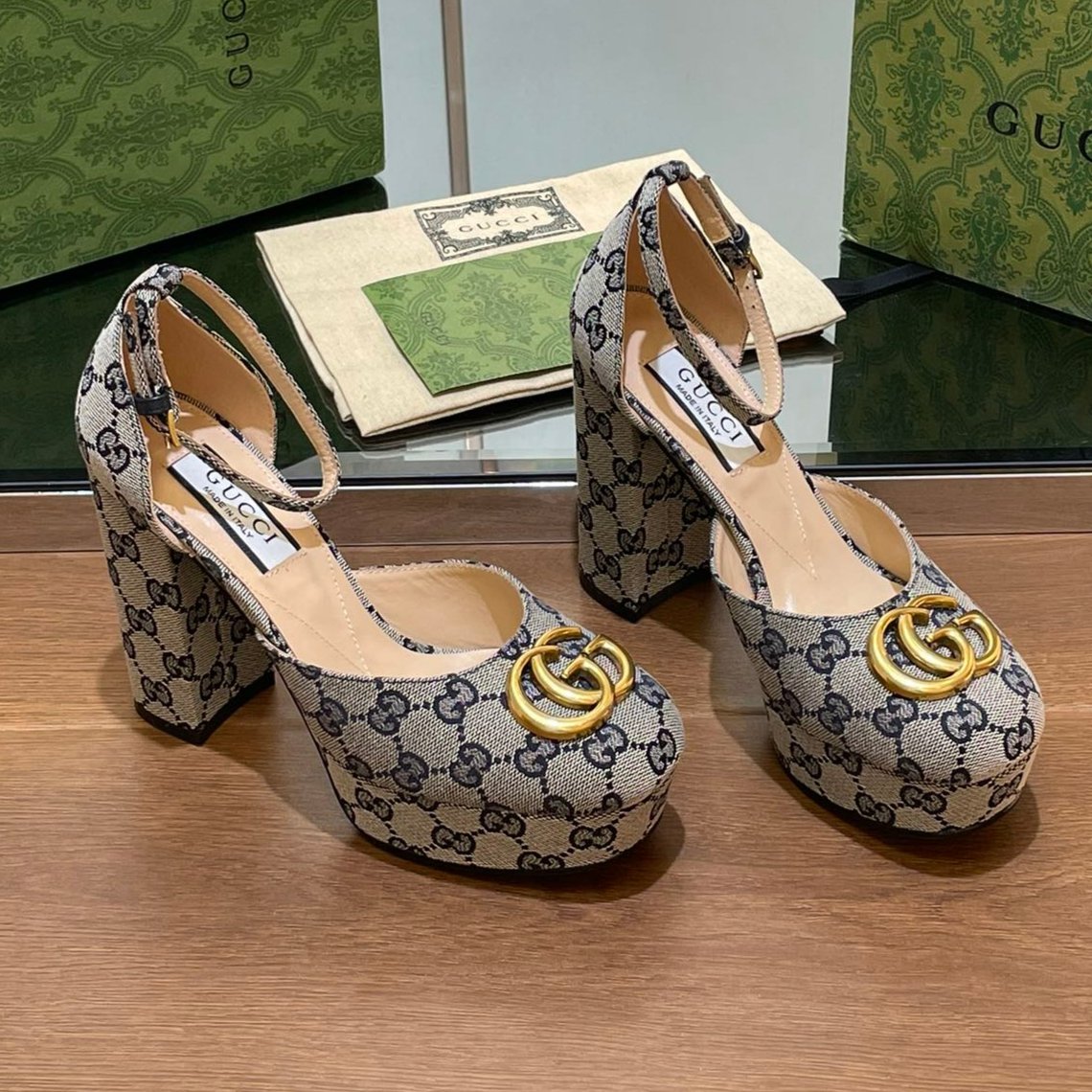 GG HIGH SANDAL 11.5 CM IN BLACK MIX BEIGE MONOGRAM JACQUARD FABRIC