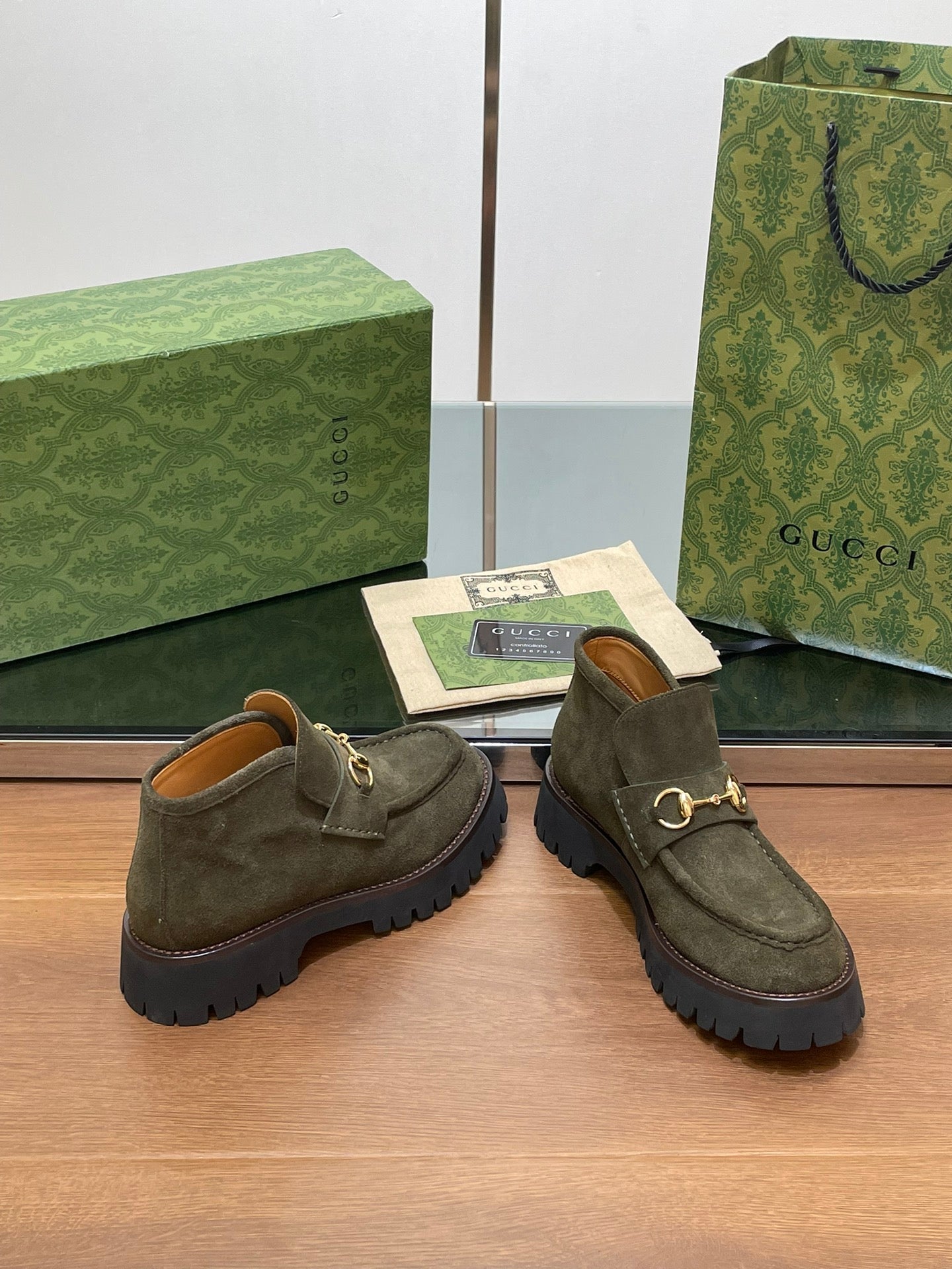 GG WOMEN'S HORSEBIT ANKLE BOOTS 4.5CM IN KHAKI GREEN SUEDE