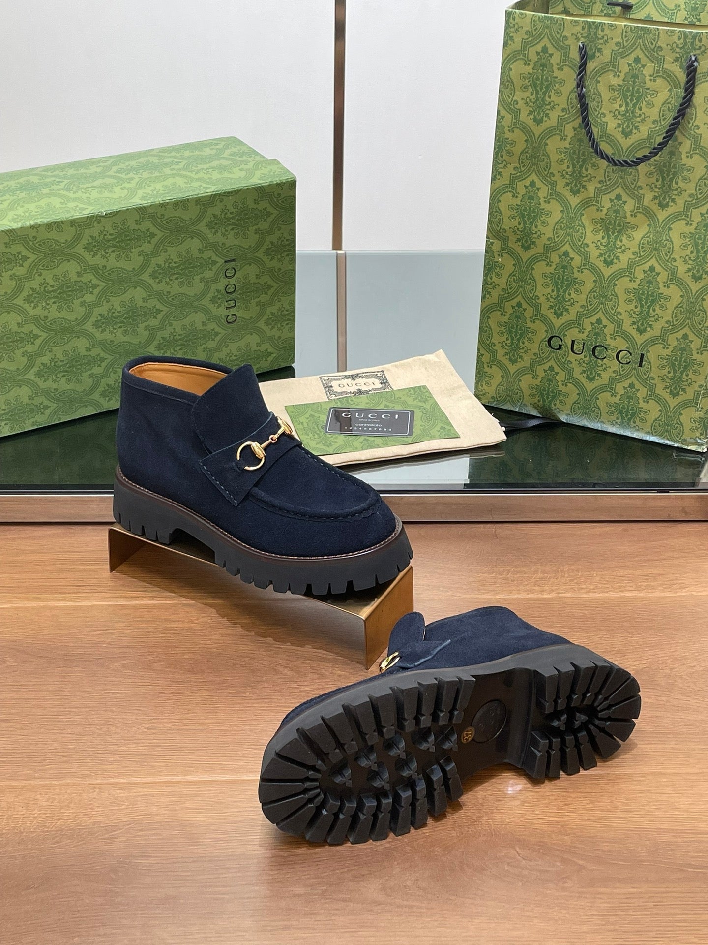 GG WOMEN'S HORSEBIT ANKLE BOOTS 4.5CM IN NAVY BLUE SUEDE