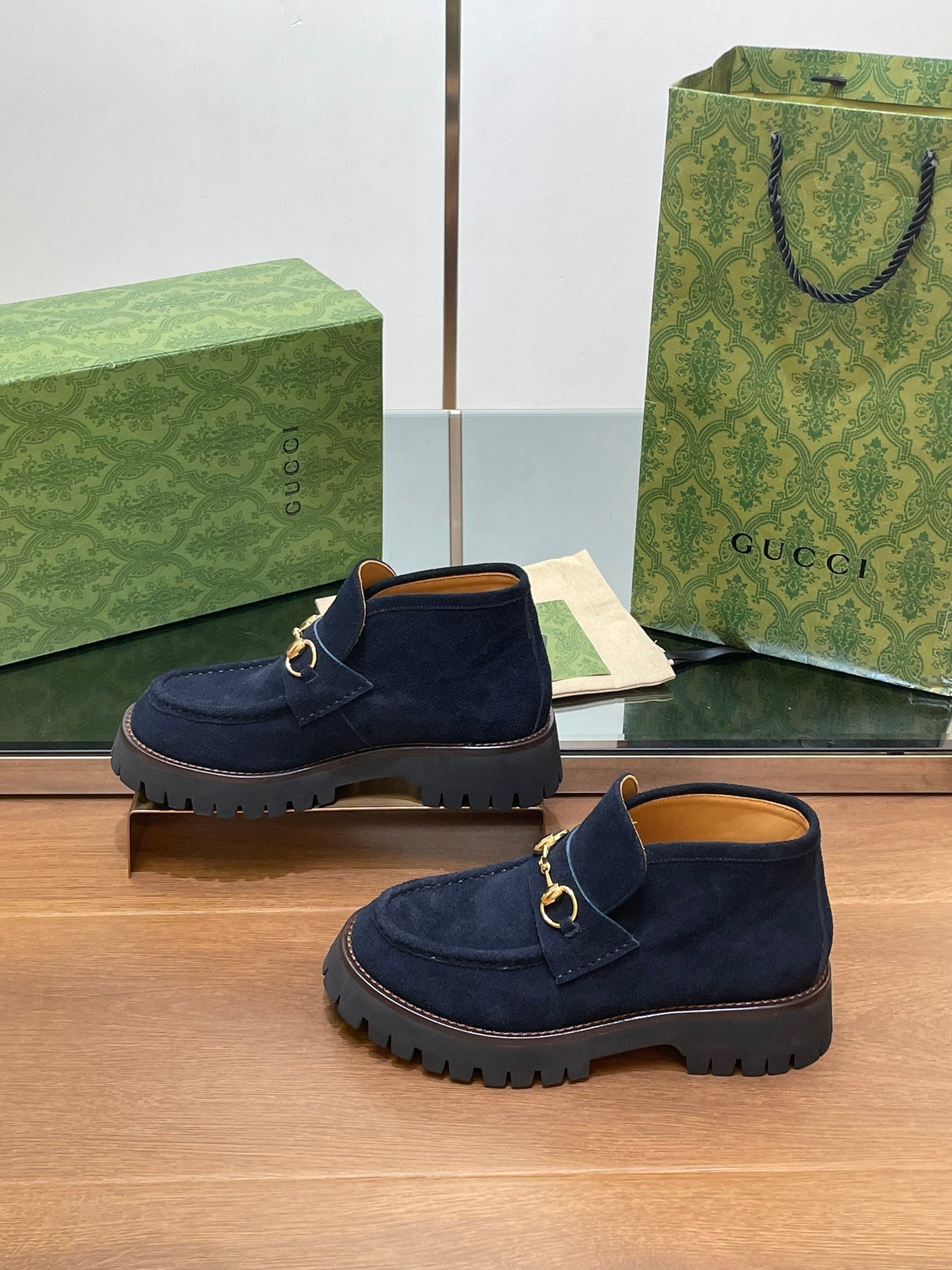 GG WOMEN'S HORSEBIT ANKLE BOOTS 4.5CM IN NAVY BLUE SUEDE