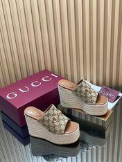 GUCCI 26S WEDGE SANDALS 110 MM IN BEIGE CANVAS GG MONOGRAM