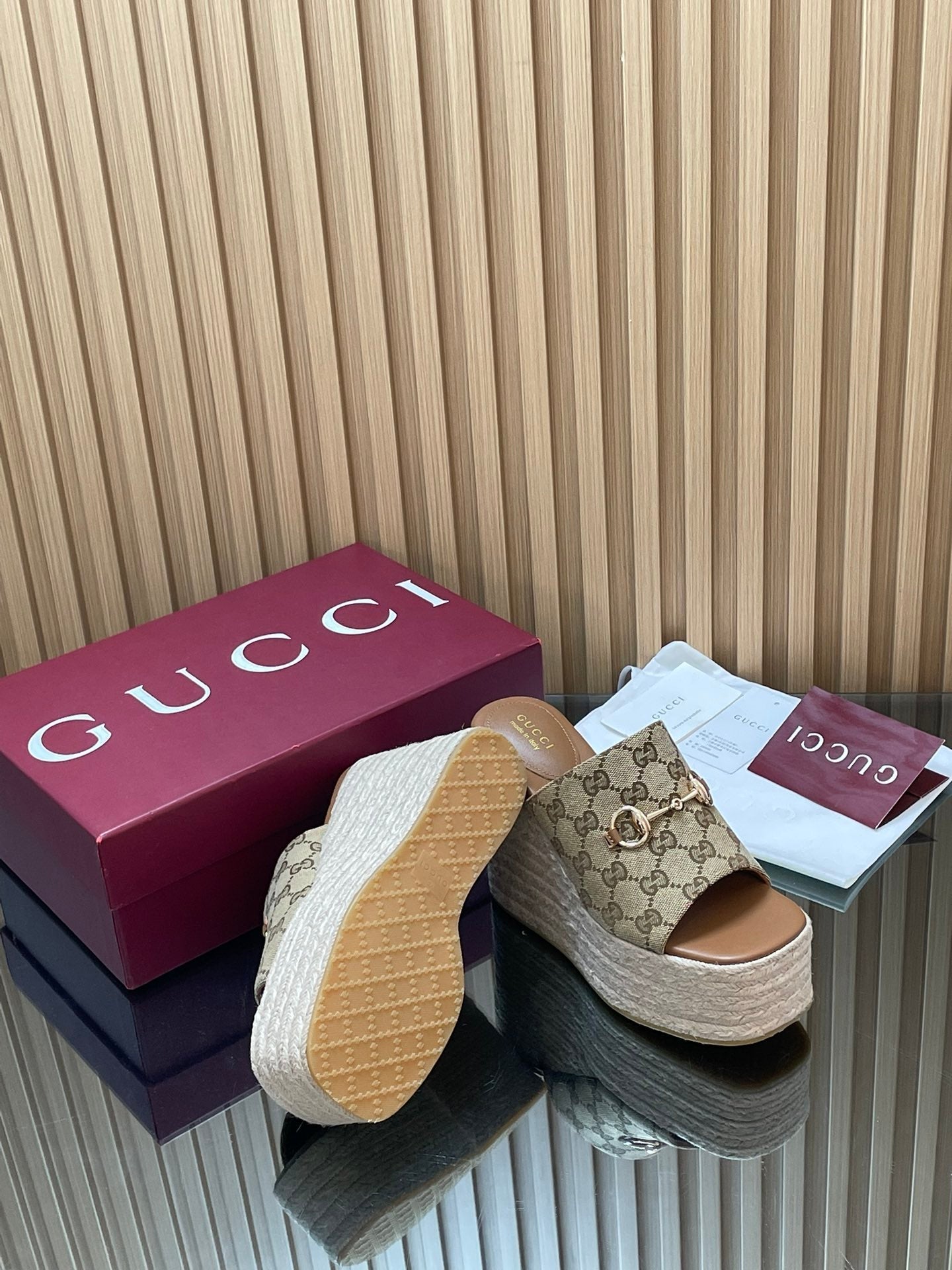 GUCCI 26S WEDGE SANDALS 110 MM IN BEIGE CANVAS GG MONOGRAM