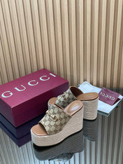 GUCCI 26S WEDGE SANDALS 110 MM IN BEIGE CANVAS GG MONOGRAM