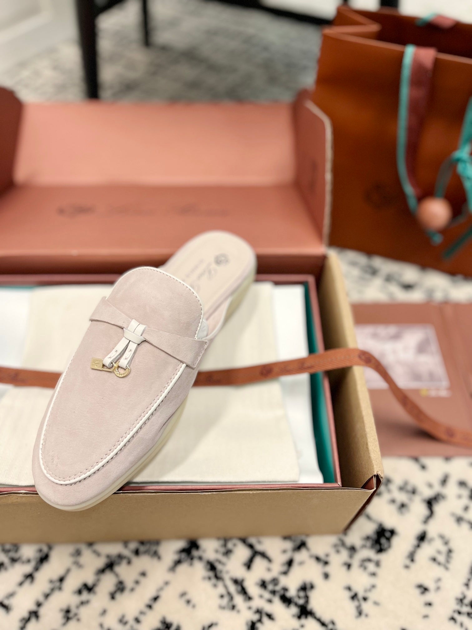 Loro Piana Light Grey White Suede Charms Walk Flat Mules