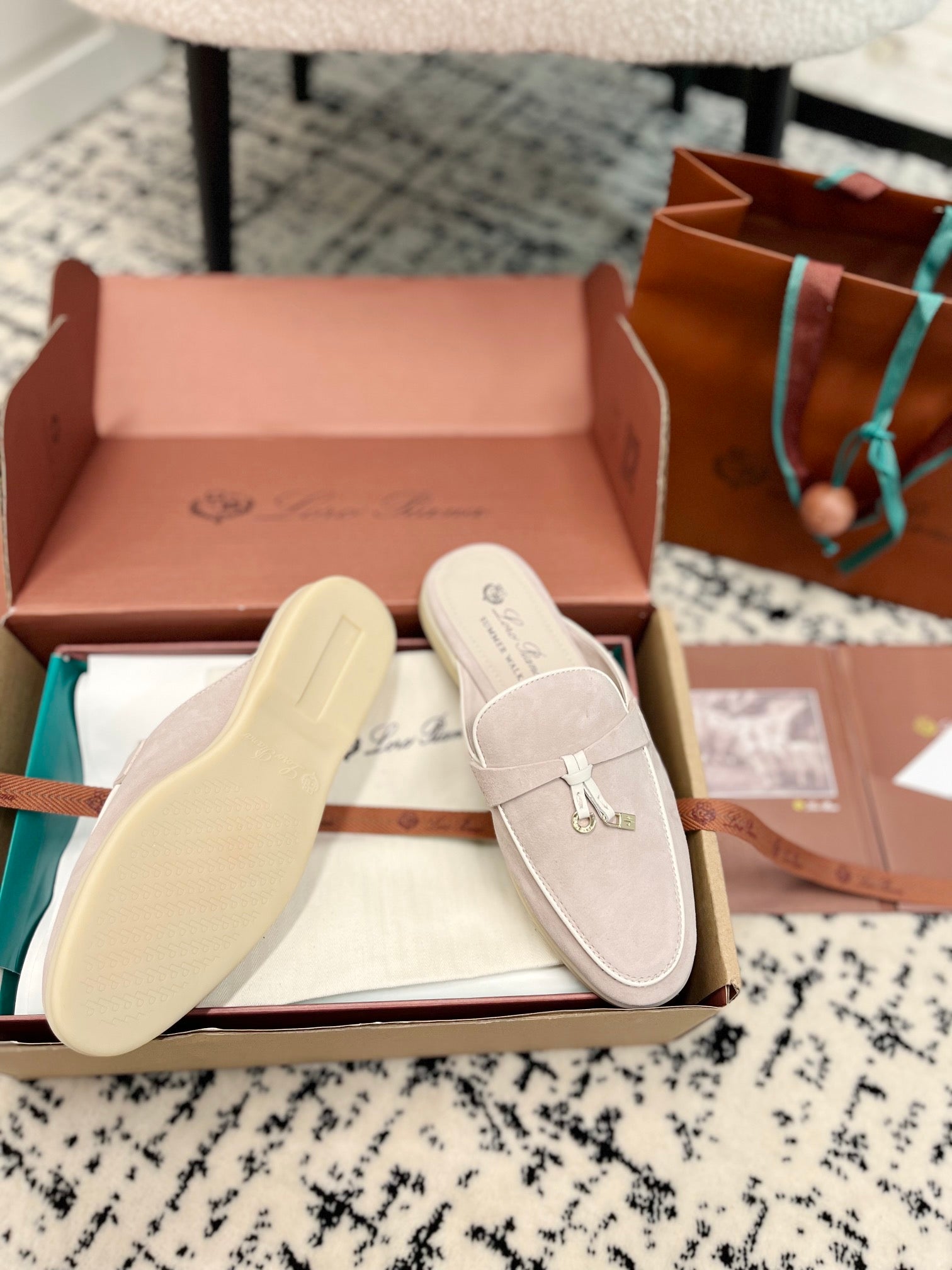 Loro Piana Light Grey White Suede Charms Walk Flat Mules